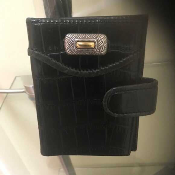 BRIGHTON Wallet Leather Crock Embossed Folio Clutch Bag Silver Hardware Black - Picture 2 of 7